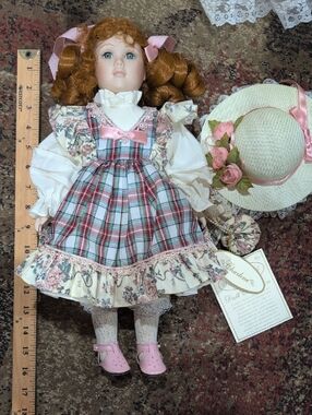 Porcelain Doll with Pink Plaid Dress and Straw Hat Elizabeth Gray Collection